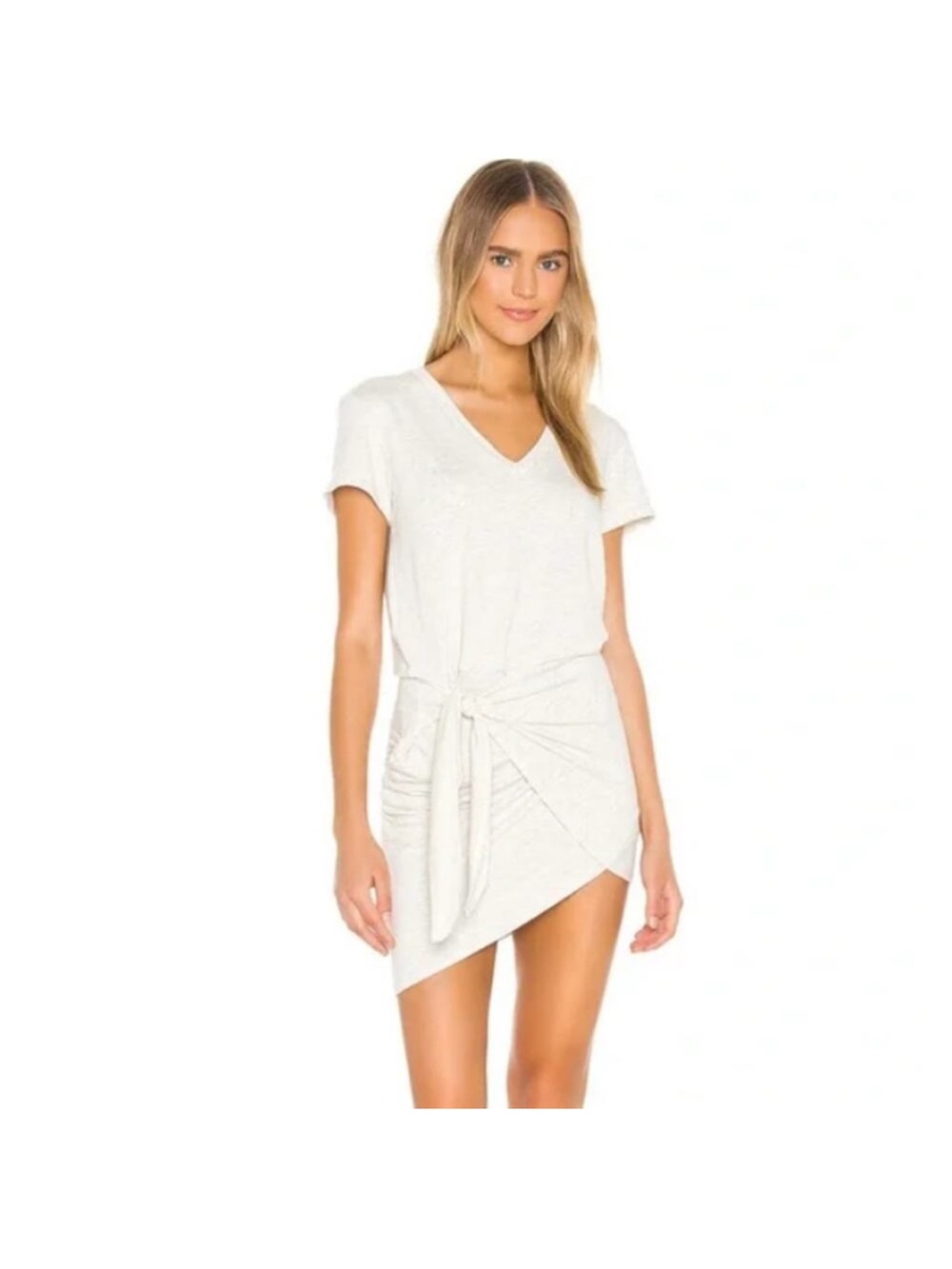 Monrow Super Soft Short Sleeve V-neck Dress in Light Heathered Grey